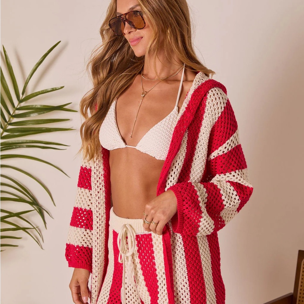 Vici Red & Cream Striped Crochet Cover-Up Set